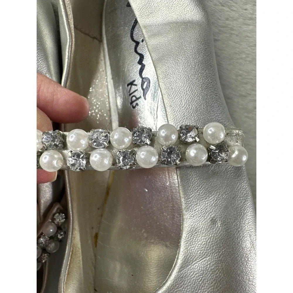 Nina Shoe Girls 2 Nataly Silver Nappa Leather Ballet Flat Dressy Metalic Pearl